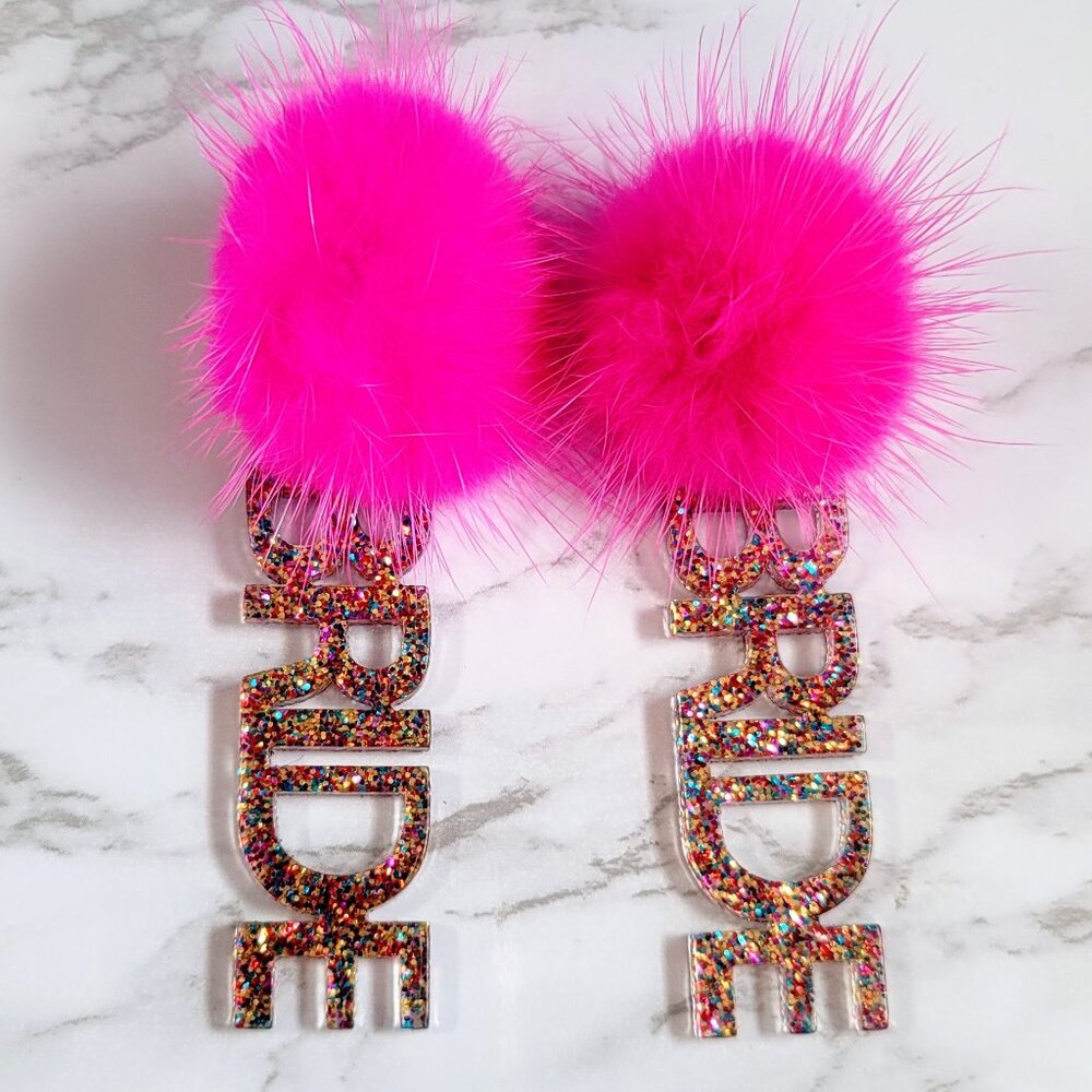 BRIDE Pom Earrings- Hot Pink/Confetti